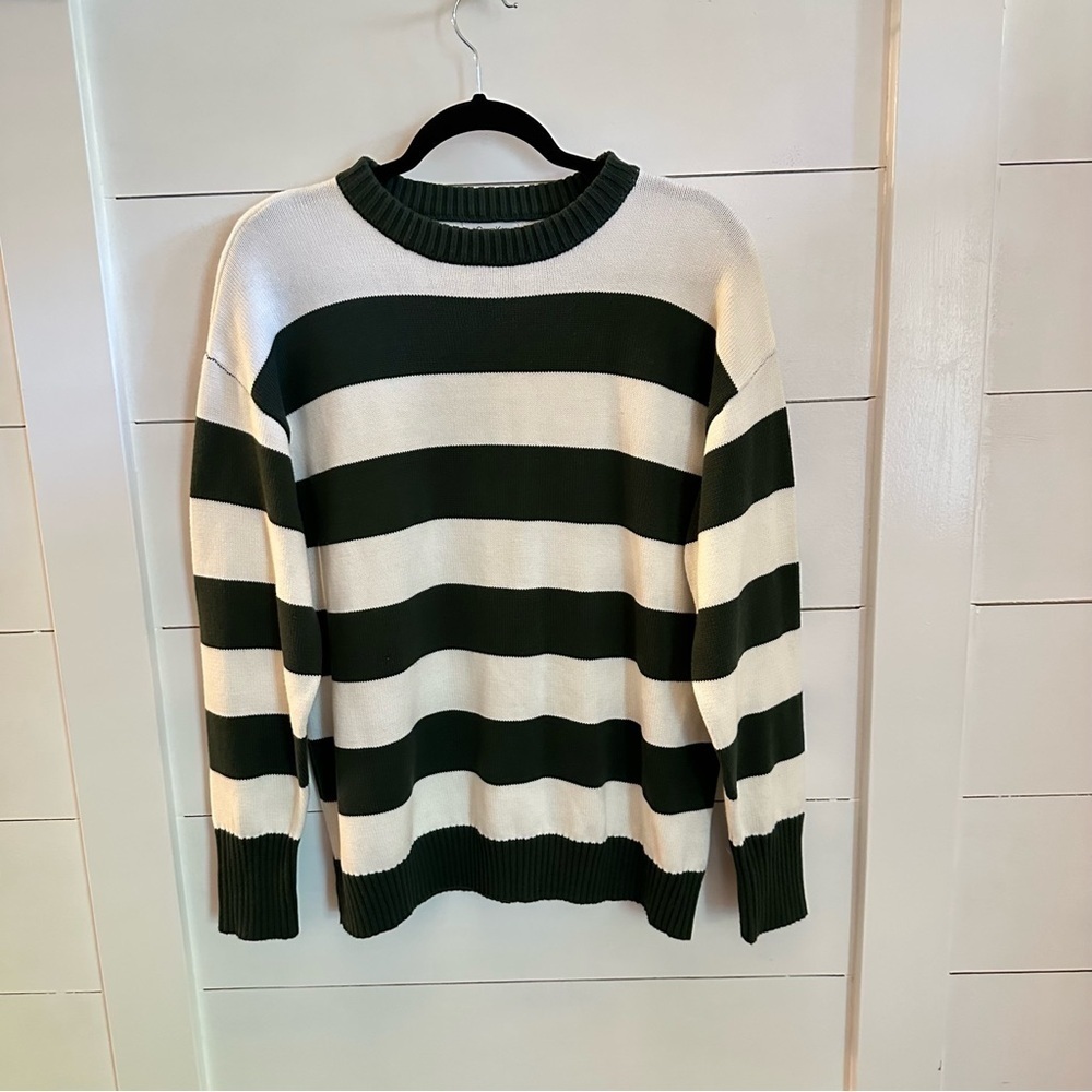 ORANGE KISS ESSENTIALS L Green-white striped woman cotton crew pullover sweater